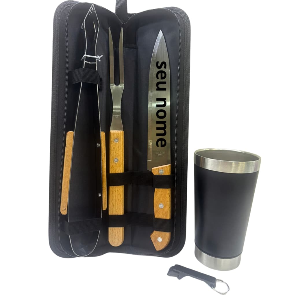 Kit De Churrasco Personalizado Com Faca Garfo Pegador E Estojo Em Aço Inoxidável + Brindes Copo Térmico E Abridor