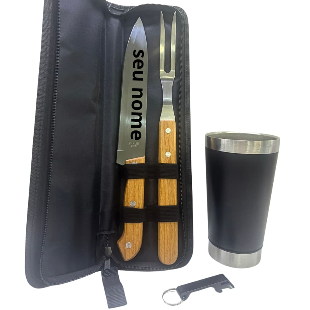 Kit De Churrasco Completo Personalizado Com Faca Garfo E Estojo Em Aço Inoxidável + Brindes Copo Térmico E Abridor
