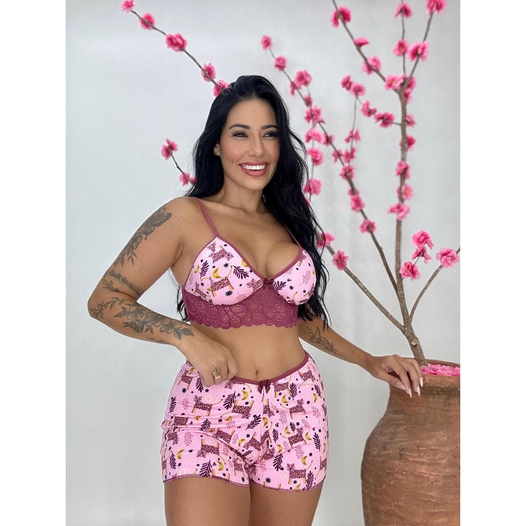 Baby Doll Luxo Sensual Pijama Feminino Espera Marido Suede - Renda Blogueirinha Short Doll  Cropped