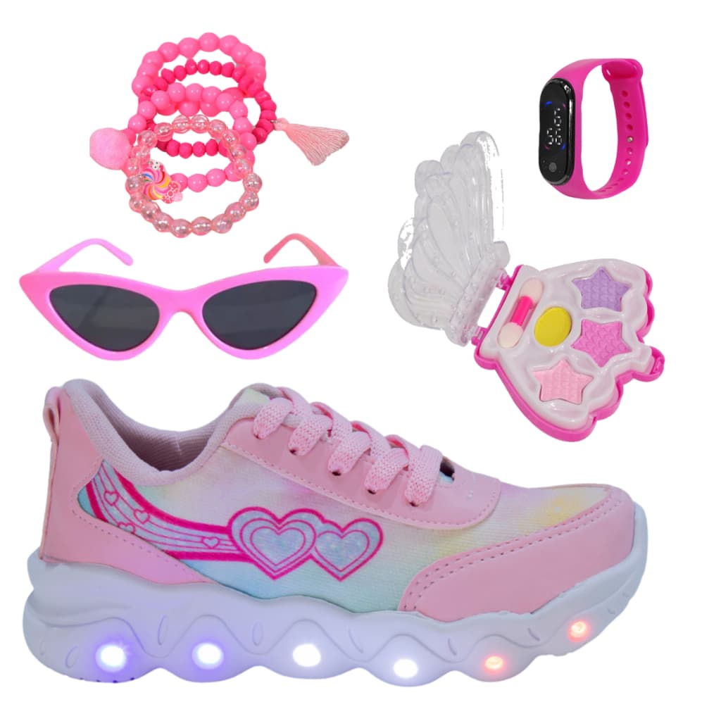 Tênis Led Infantil Feminino Rosa Estrela Coração Meninas  Escolar + Paleta Pulseira Óculos Relógio