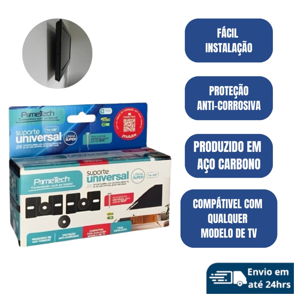 Kit Suporte Universal Fixo Para TV Smart LED LCD 4K - Parede e Painel de MDF 14 a 100 Polegadas