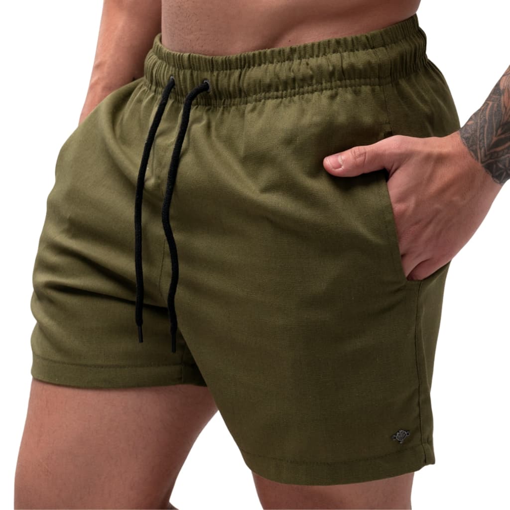 Short De Linho Masculino Mauricinho Curto Verão Slim Premium Verde Militar