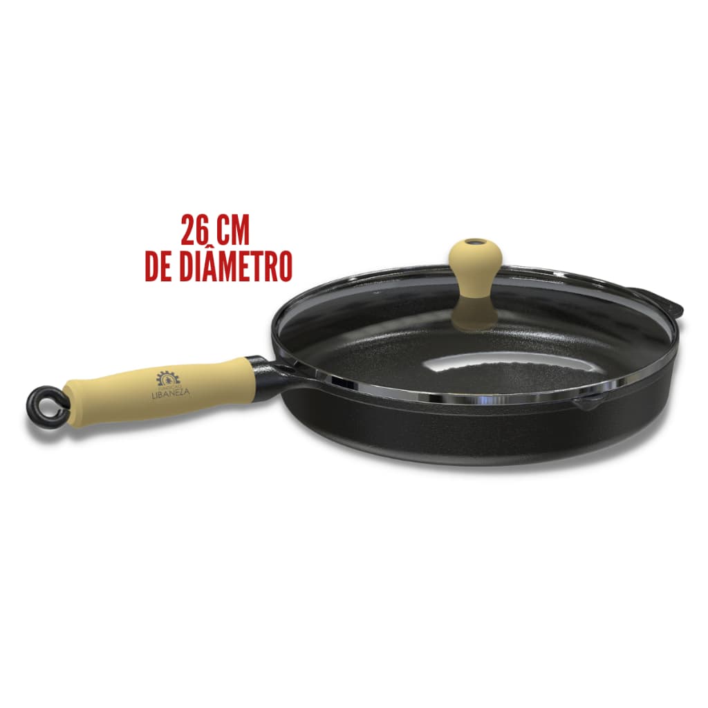 Panela Frigideira Com Tampa Vidro 26cm Ferro Fundido Eficiente No Preparo Grelhar Fritar