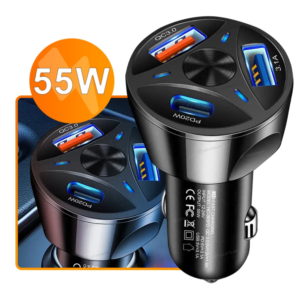Carregador Turbo Para Carro 55W 2 USB 1 USB-C Carregamento Rápido Celular
