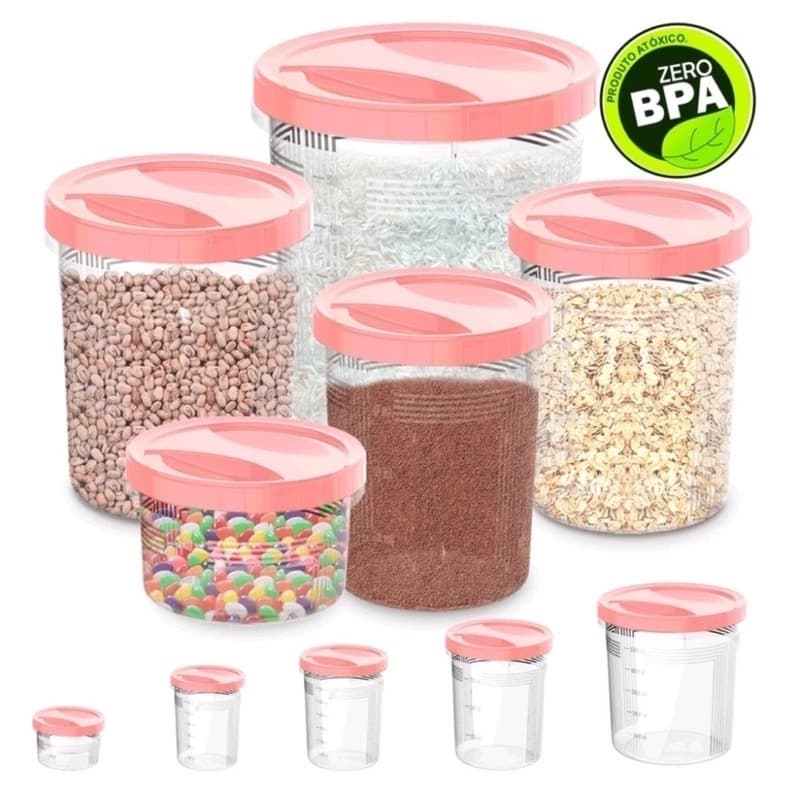 Kit 5 Potes de Rosca Rosa Porta Mantimentos Com Tampas Armazenamento De Sal Arroz Feijão Açucar Café