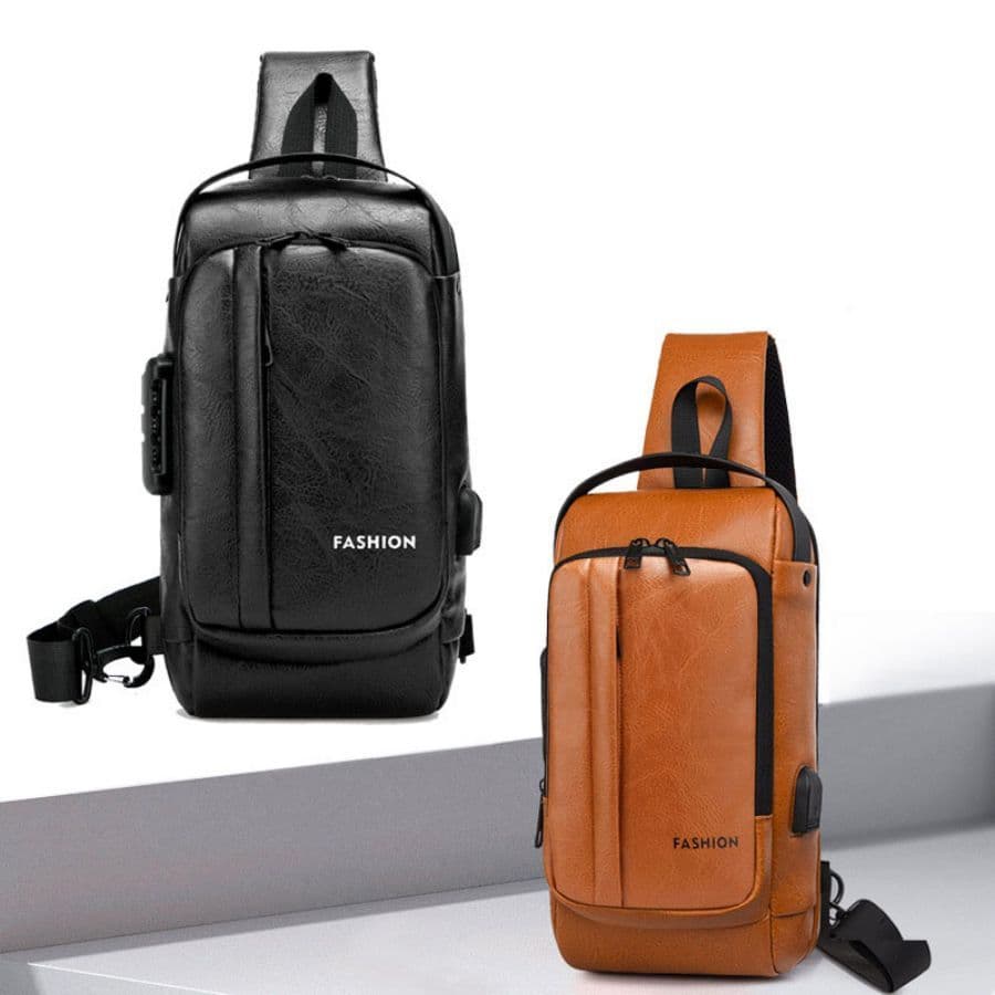 Mochila Pochete De Peito Couro Masculina À Prova D'água Com Trava De Código