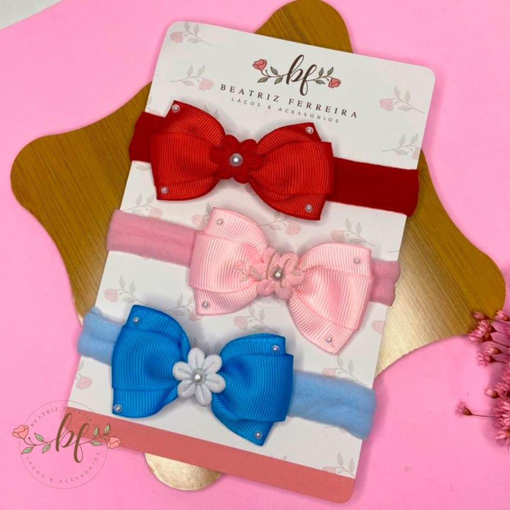Kit 3 Laços Bebê Faixa - Floral - Faixinha Slim Recém Nascido, Lacinhos de Cabelo RN Infantil Menina, Meia de Seda