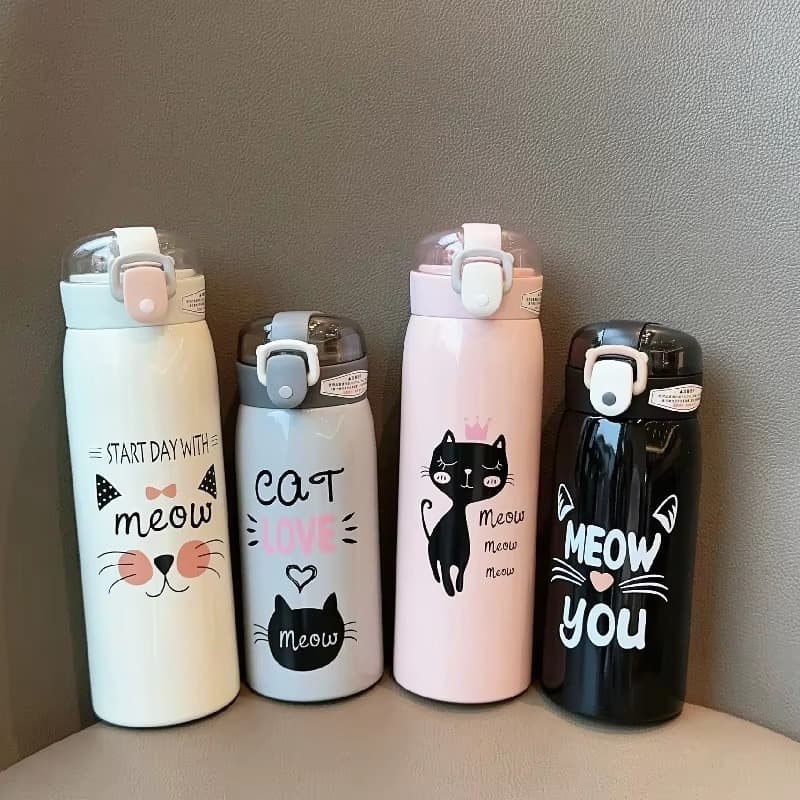 Garrafa Térmica Fofa Gatinho Canudo de Silicone Escolar Café Água Suco Infantil Quente e Frio 5O0ML
