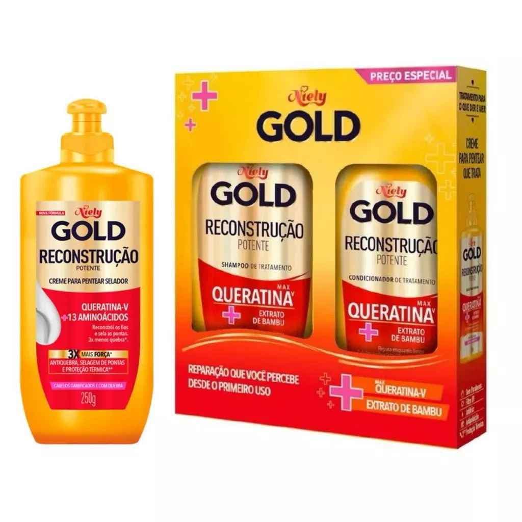 Kit Niely Gold Reconstrução Queratina Sh 275 ml + Cond 175 ml + Cr Pentear