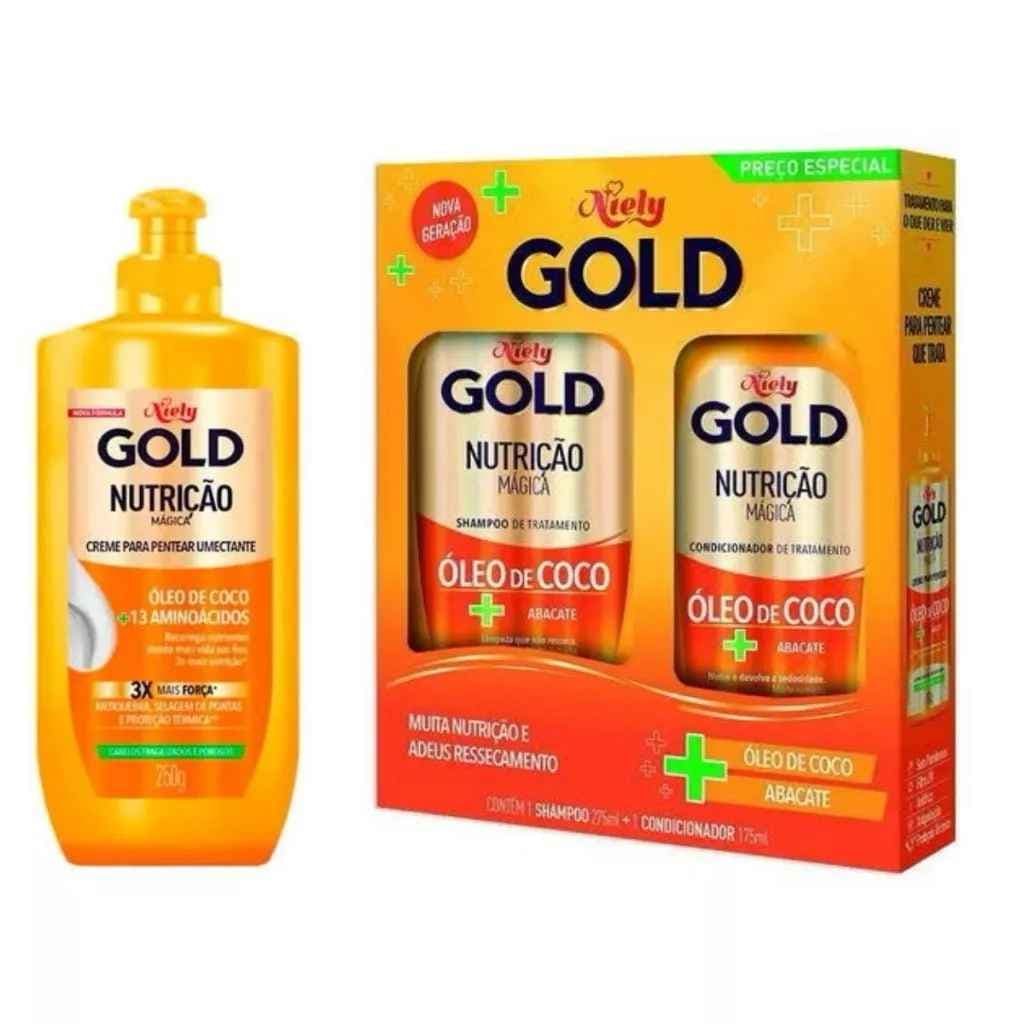 Kit Niely Gold Nutrição Magica Oleo Coco Sh 275 ml + Cond 175 ml + Cr Pentear