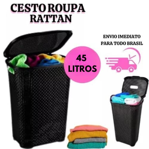 Cesto Organizador Com Tampa 45L Preto Para Quarto Banheiro e Lavanderia