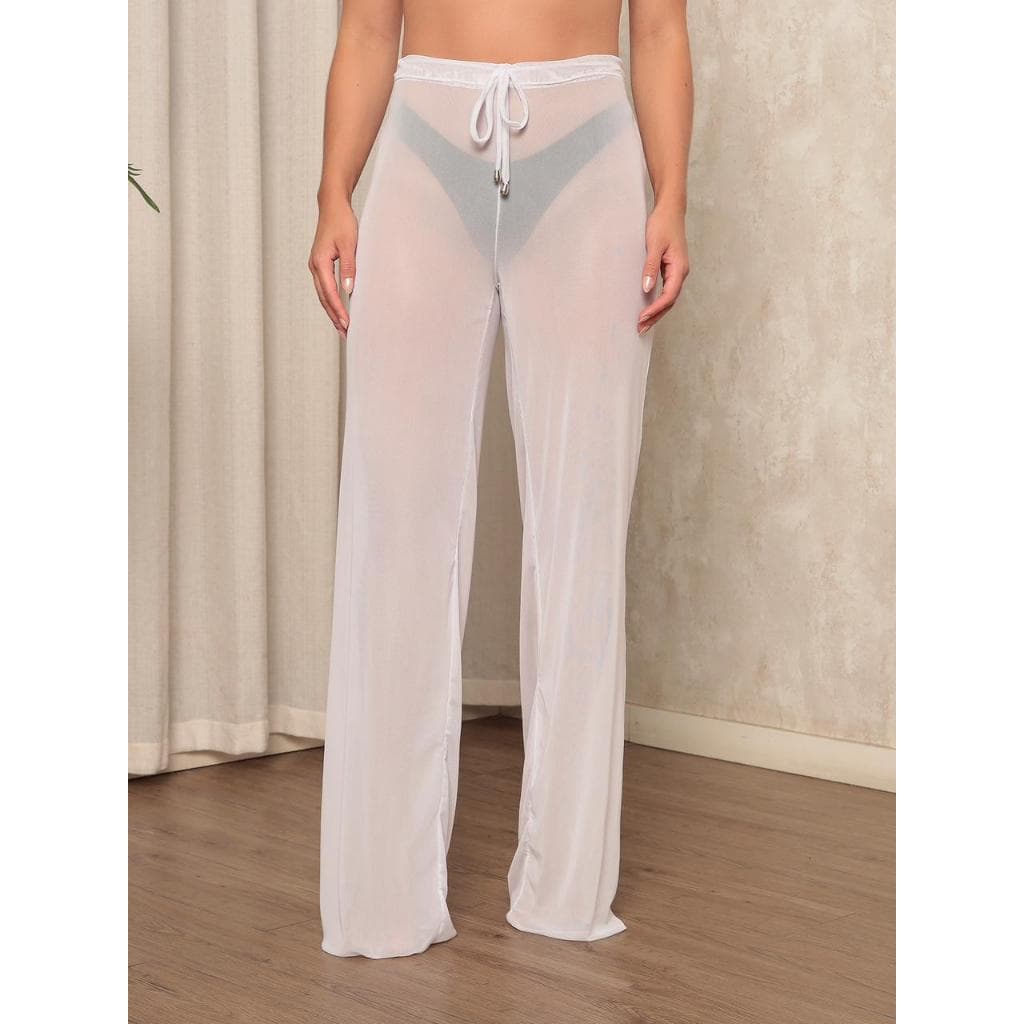 Calça em Malha de Tule Saída de Praia Verão Moda Praia Linhas Tropicais