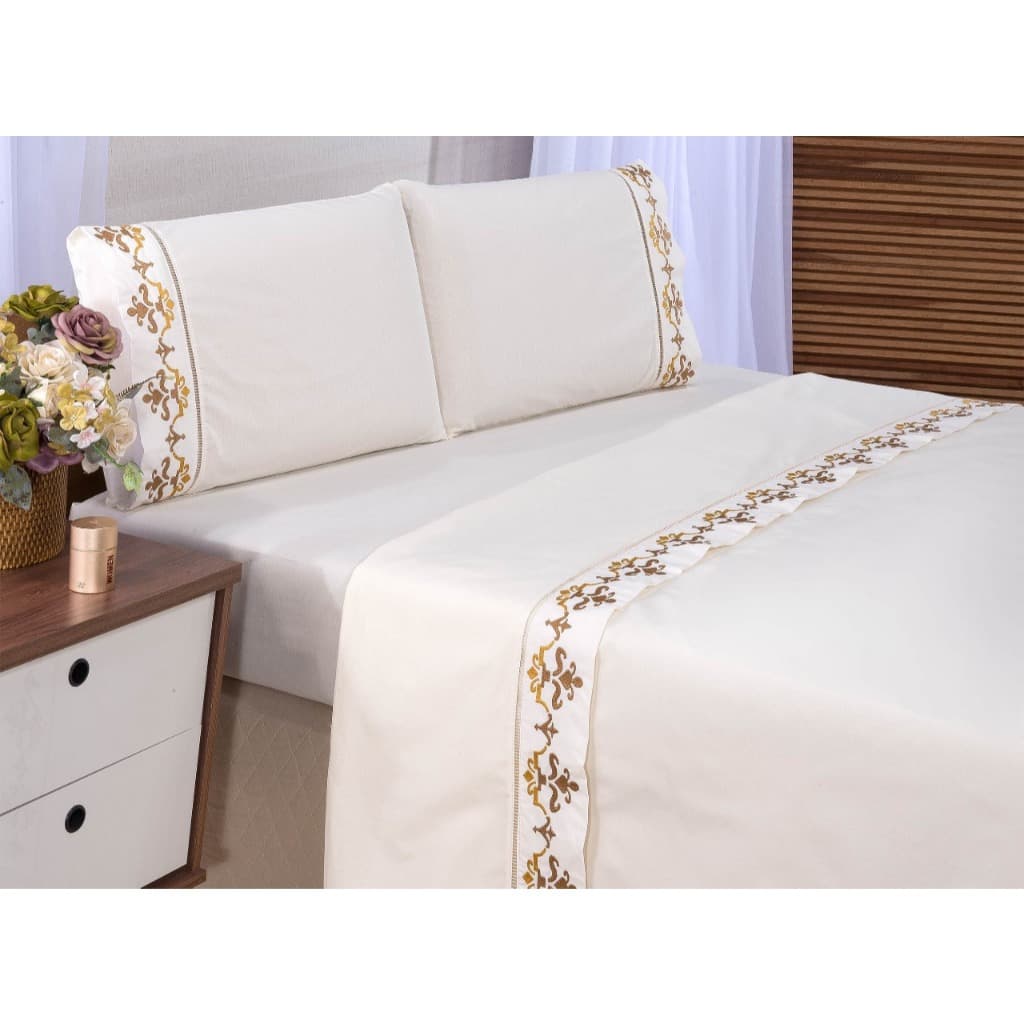 Jogo de Lençol Cama Casal Realeza 400 Fios Toque de Algodão 4pçs