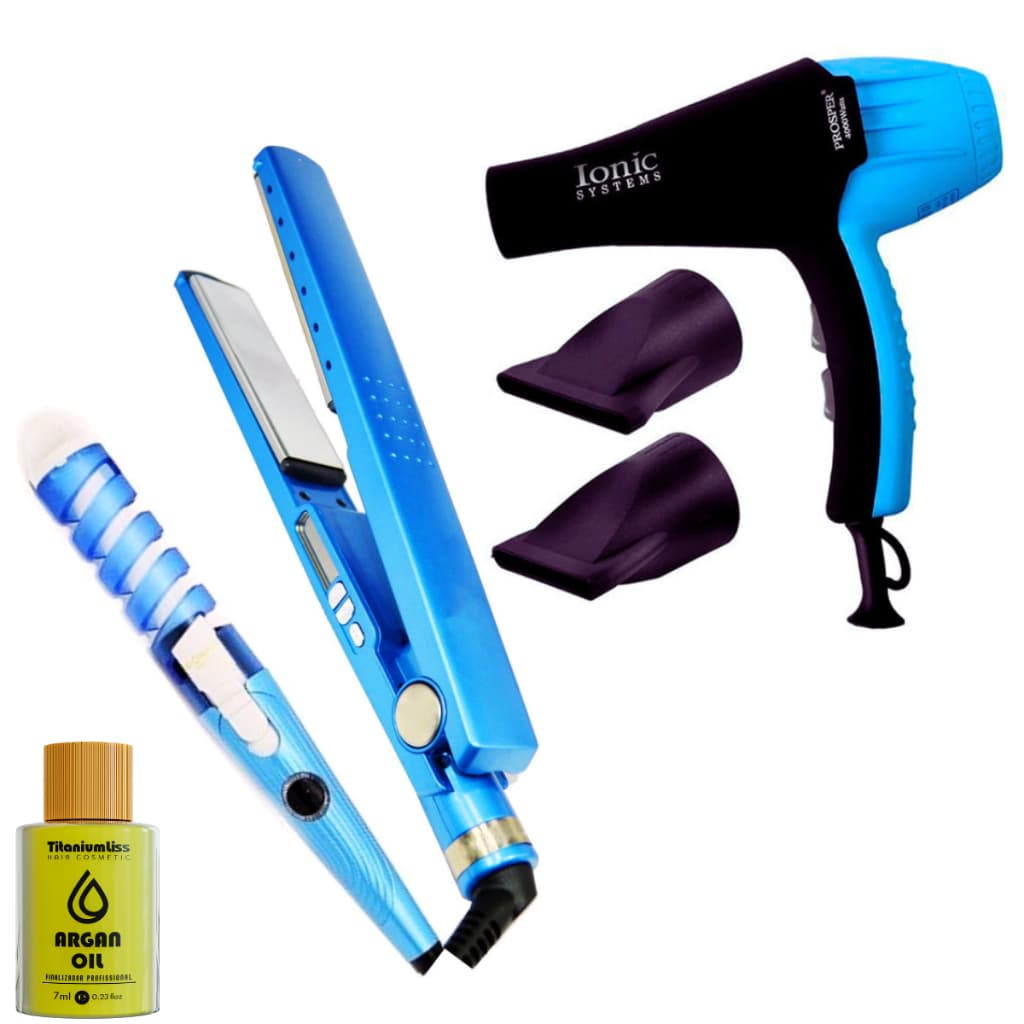 Kit Prancha Titanium + Secador 8600w + Modelador De Cachos + Argan