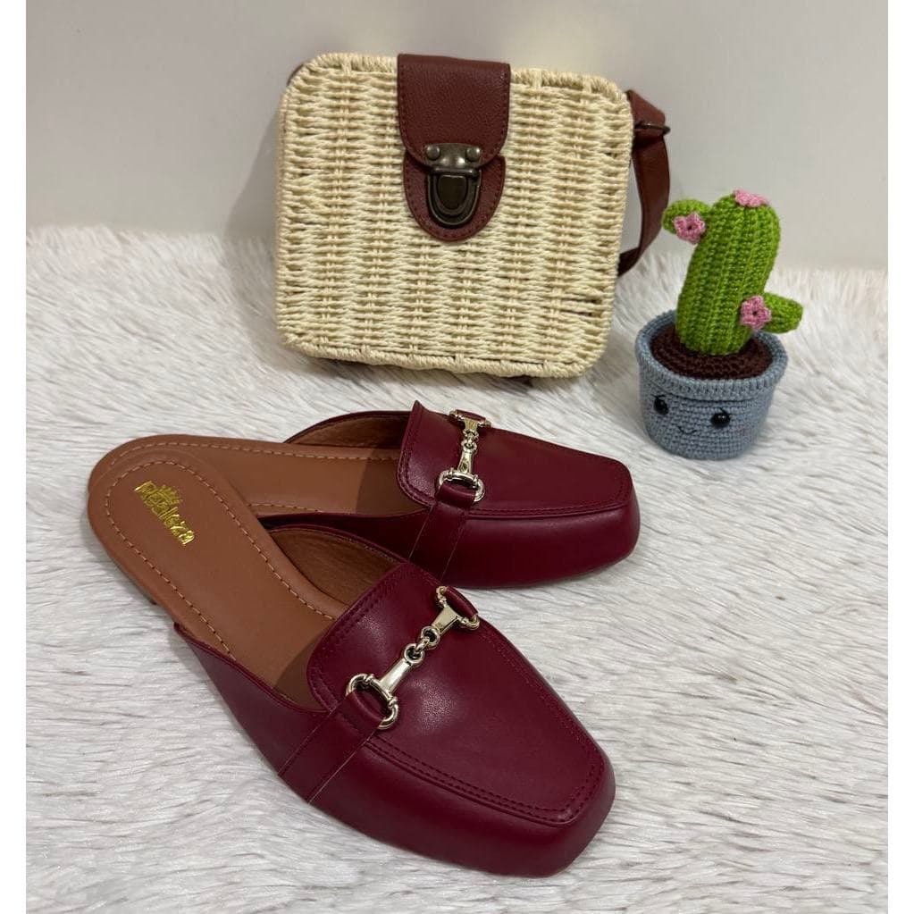 Mule Feminino Bico Quadrado Marsala Enfeite Confort