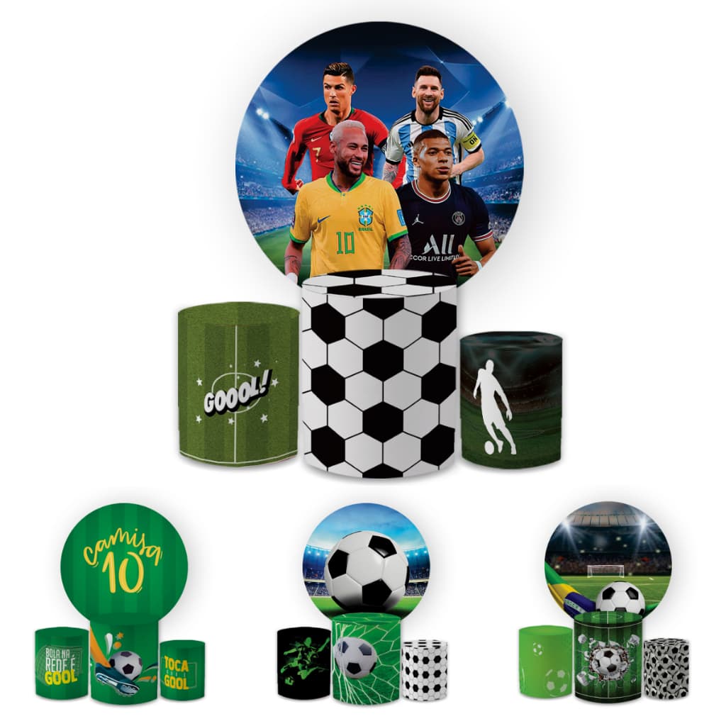 Capa Painei de Festa Veste Fácil Redondo+ Cilindro Sublimado Malha New Tema Futebol Esporte Decorativo Bibi Paineis