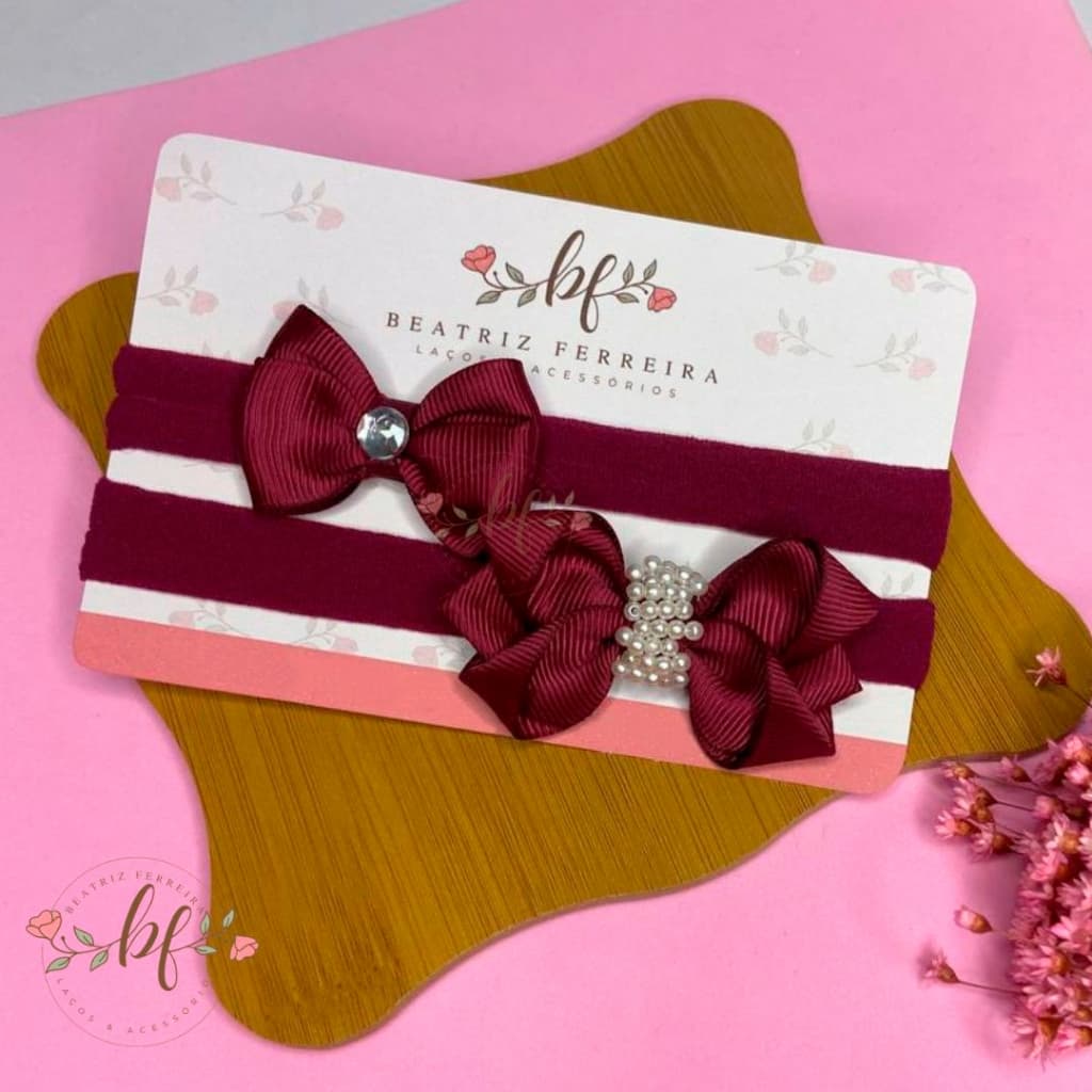 Kit 2 Laços Bebê Faixa - Bordado Vinho - Faixinha Slim Recém Nascido Lacinhos de Cabelo RN Infantil Menina, Meia de Seda
