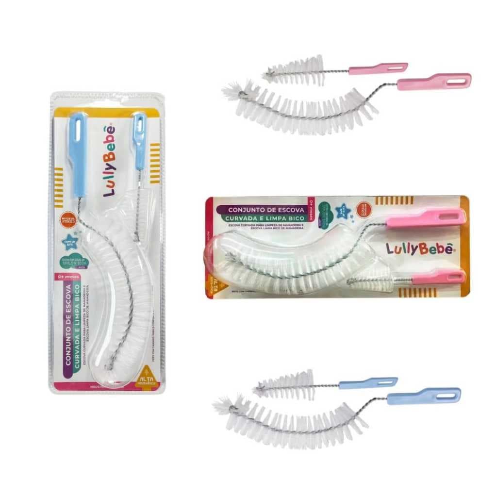 Conjunto de Escova Curvada e Limpa Bico - Escovas para Limpeza de Mamadeira - Lully Bebê