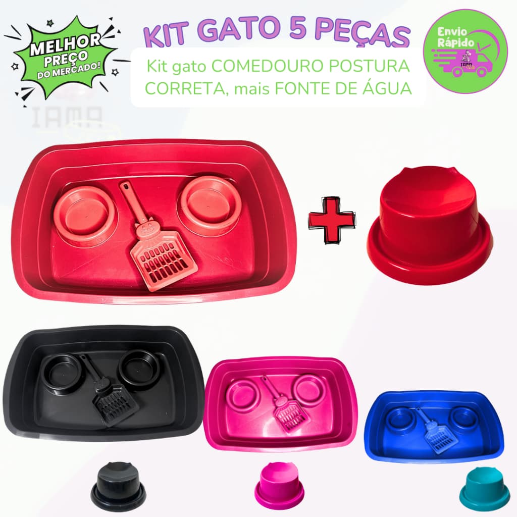 Kit Completinho Sanitario banheira caixa de areia para gatos higiênico +pá comedouro postura correta
