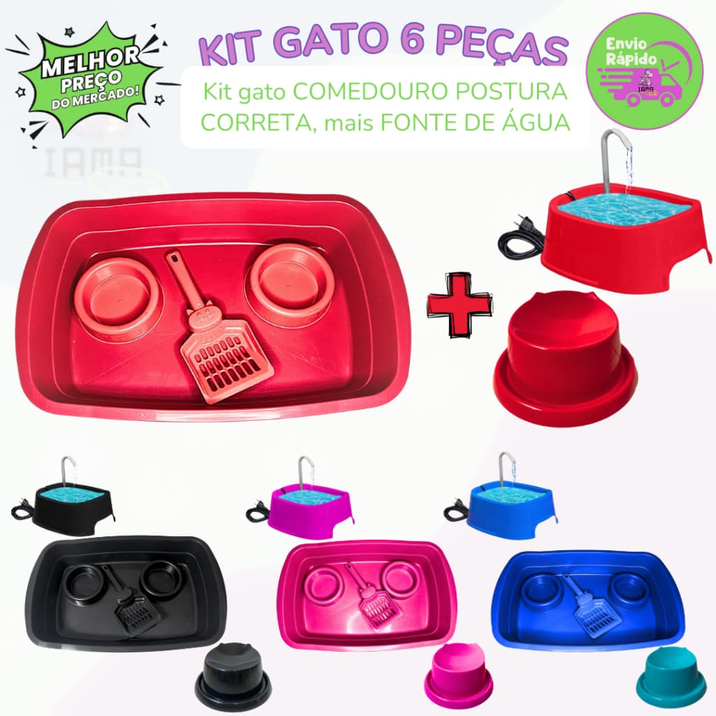 Kit Completinho caixa de de areia para gatos higiênico com pá comedouro fonte bebedouro automático