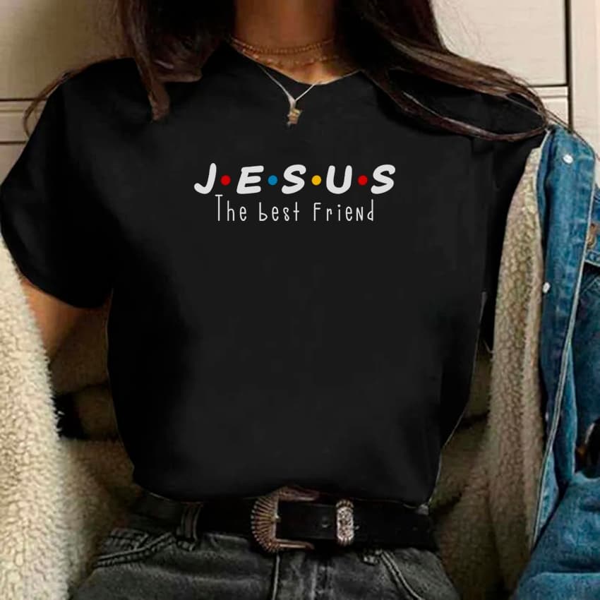 Camisa Jesus T-shirt Linda Camiseta Friends Feminina Preta Básica Algodão Blusa
