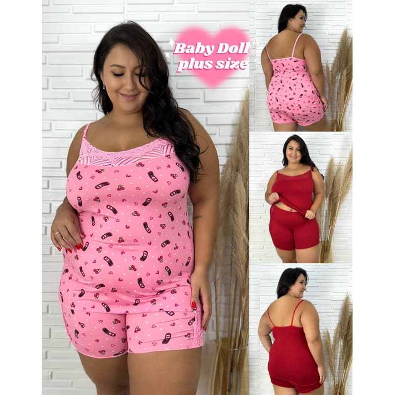 Baby Doll plus size feminino com detalhes em renda linha noite pijama curto