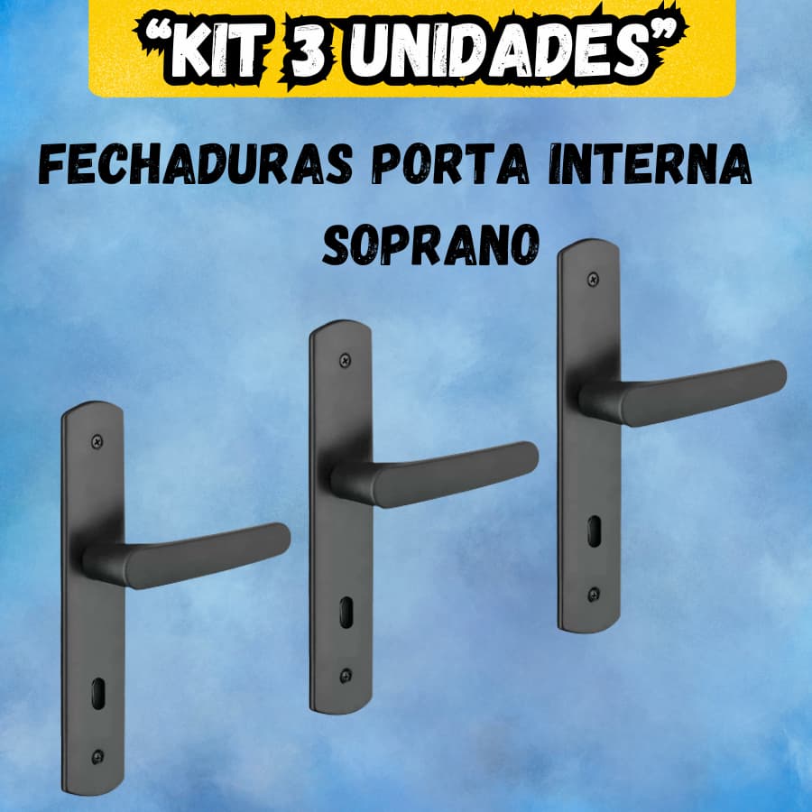 Kit 3 Fechaduras Ipanema Completa | Porta Interna Quarto | Preta | Maquina 40 | Anti Ferrugem | Soprano