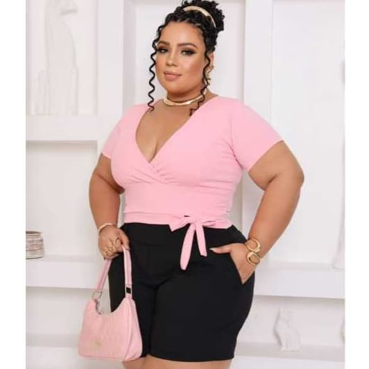 blusa Cropped plus size liso manha canelado amarra manga cutro 55064