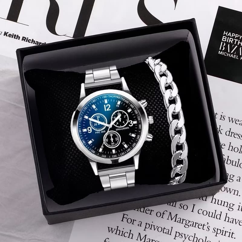 Relógio Masculino Com Pulseira De Aço Inoxidável Relógios Comerciais De Quartzo Kit Com Relogio e Pulseira
