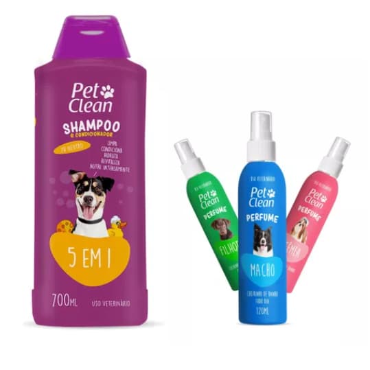 Shampoo pet 5 em 1 para cachorro cães e gatos + perfume Kit Higiene Pet Clean