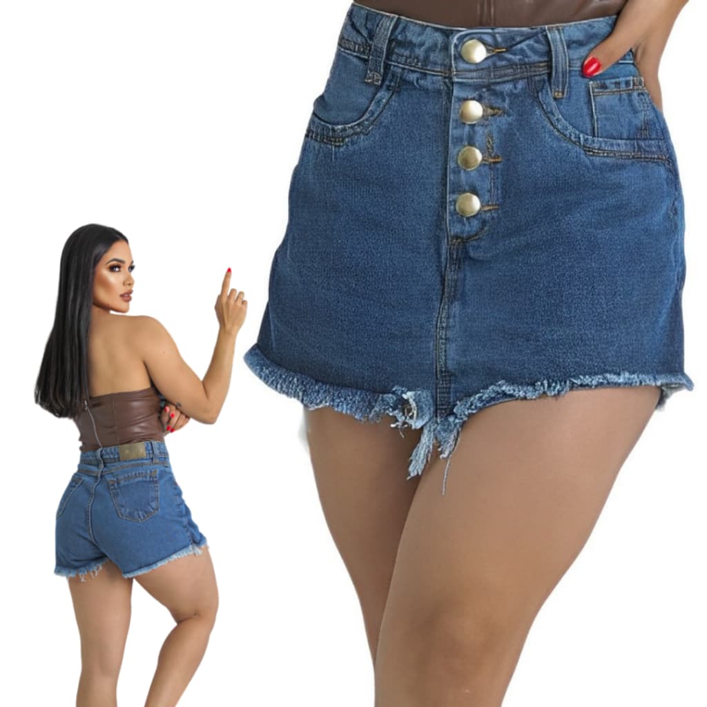 Short Saia Jeans feminno 100% algodão desfiada modeladora