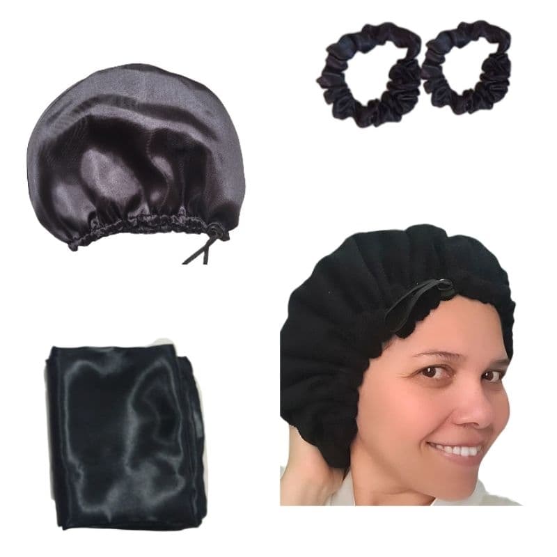 Kit Cetim Anti-friz + Touca Nero Dupla Face + Fronha + Touca Microfibra Azul Com Preto + Xuxinha De Cetim