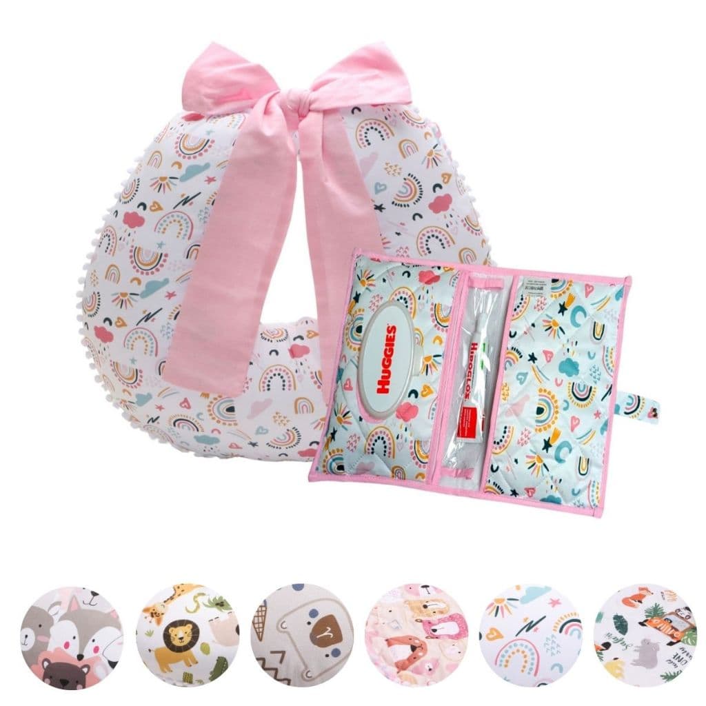 Kit Almofada Amamentação Pompom + Porta Fralda Lenço Menino e Menina 02 Peças
