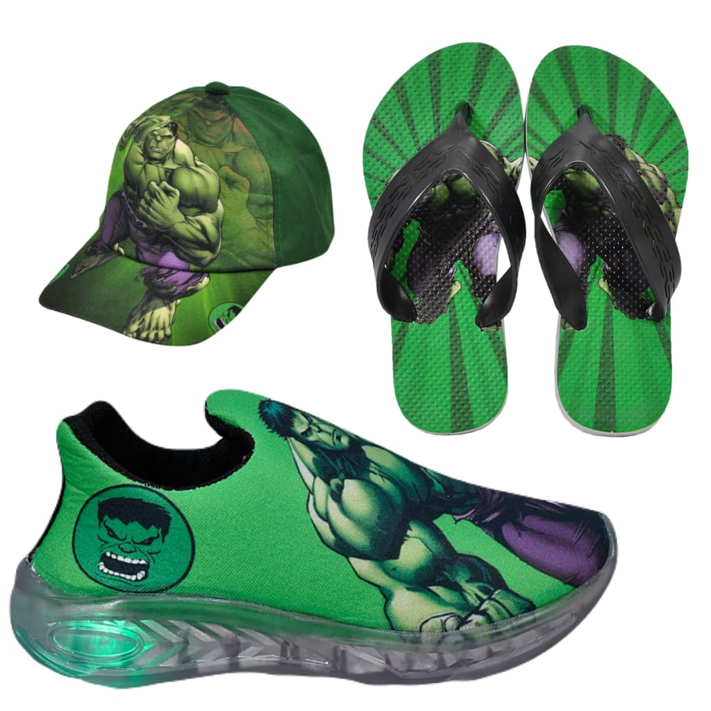 Tênis Led Infantil Calce Fácil Slip On Personagem + Chinelo Boné