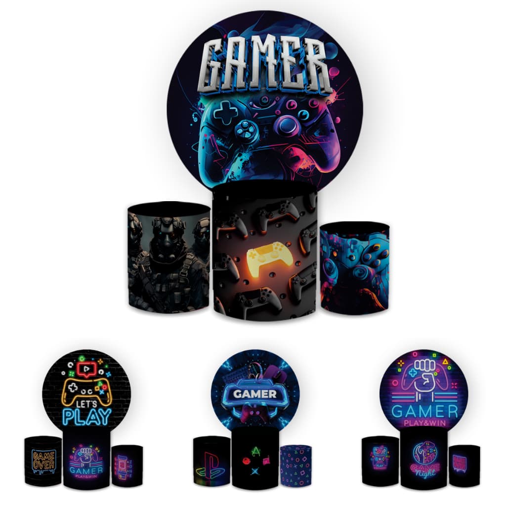Capa Painei de Festa Veste Fácil Redondo+ Cilindro Sublimado Malha New Tema Game Console Menino Decorativo Bibi Paineis