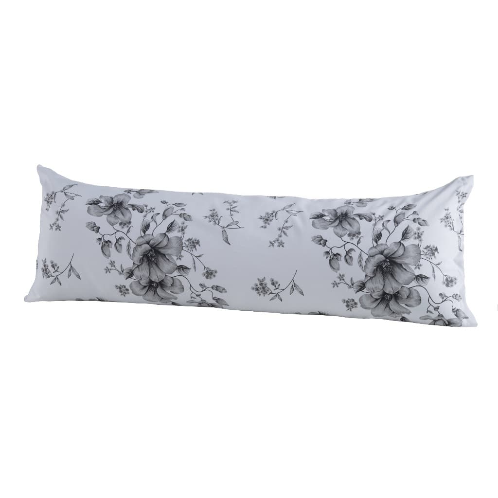 Fronha Xuxão de Corpo 90x50 Algodão Estampado com Zíper Flores Cinza
