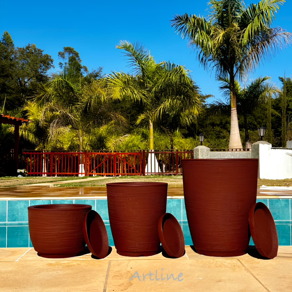 Kit 3 Vasos Decorativos para Plantas Modernos em Polietileno Coluna Bojo Escovado Luxo N°1 e N°2 + Bojo N°1 Com Pratos