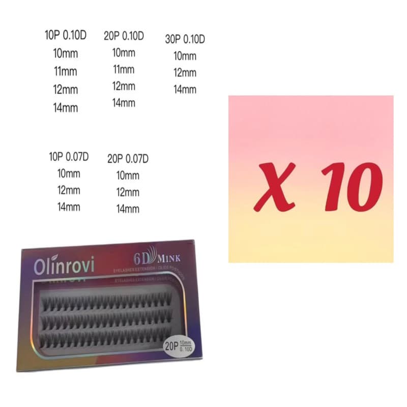 KIT 10 Caixas Cílios Postiços 6D MINK 10P/20P/30p-Tufos sem Nó