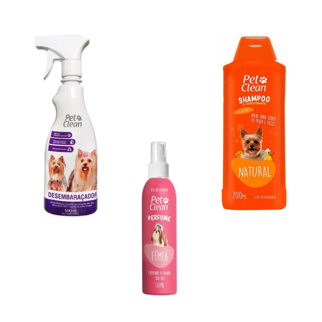 Kit desembaraçador 500ml +Shampoo e condicionador natural + Perfume fêmea pet clean
