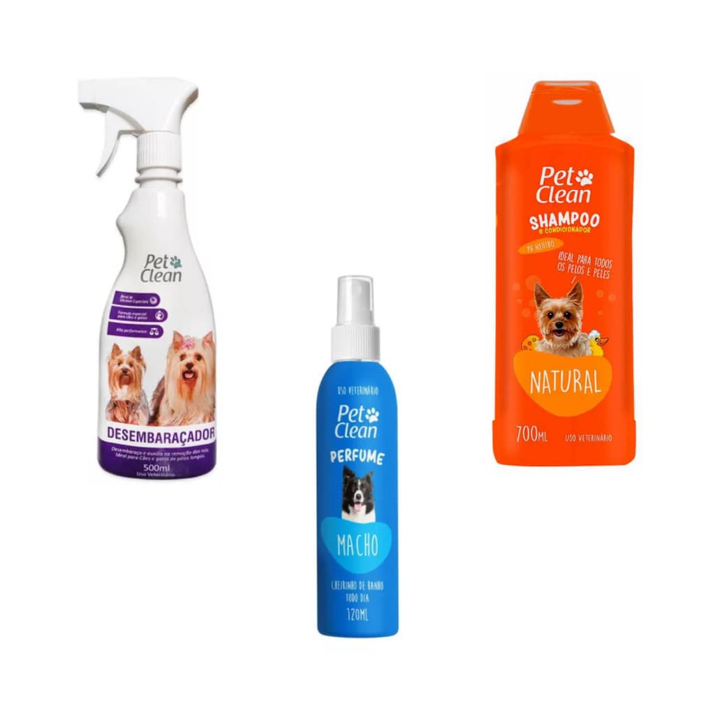 Kit desembaraçador 500ml +Shampoo e condicionador natural 500ml + Perfume macho 120ml pet clean