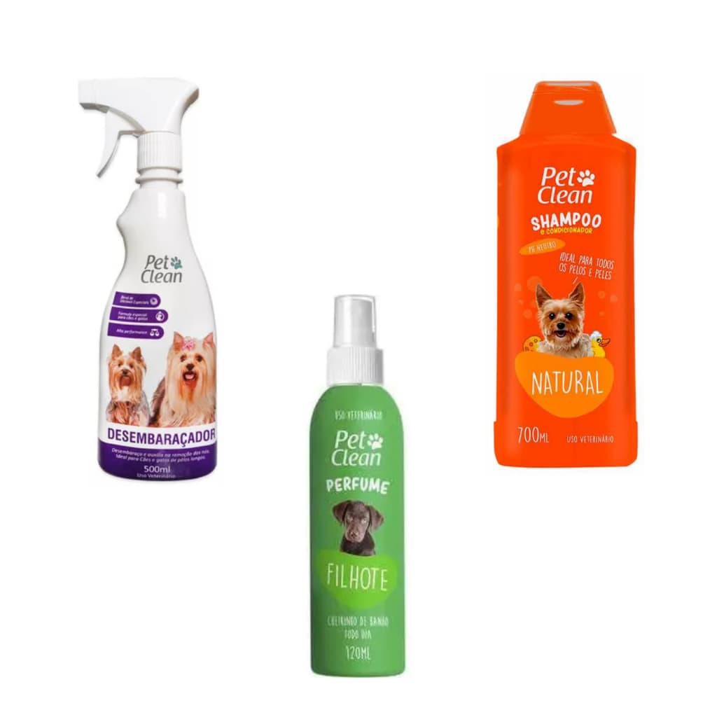 Kit desembaraçador 500ml +Shampoo e condicionador natural 50ml + Perfume filhote120ml pet clean