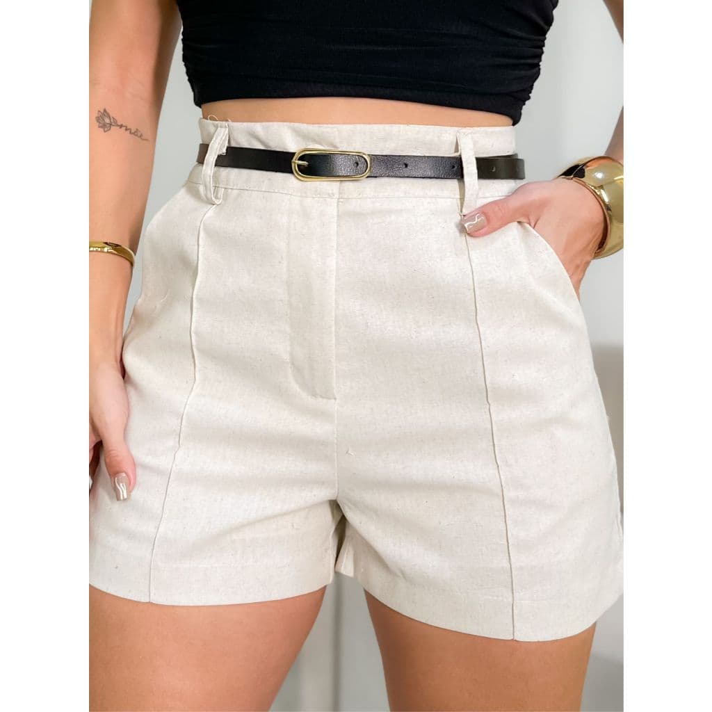 Emili1: Short Viscolinho Feminino Com Cinto Fino Courino-S848