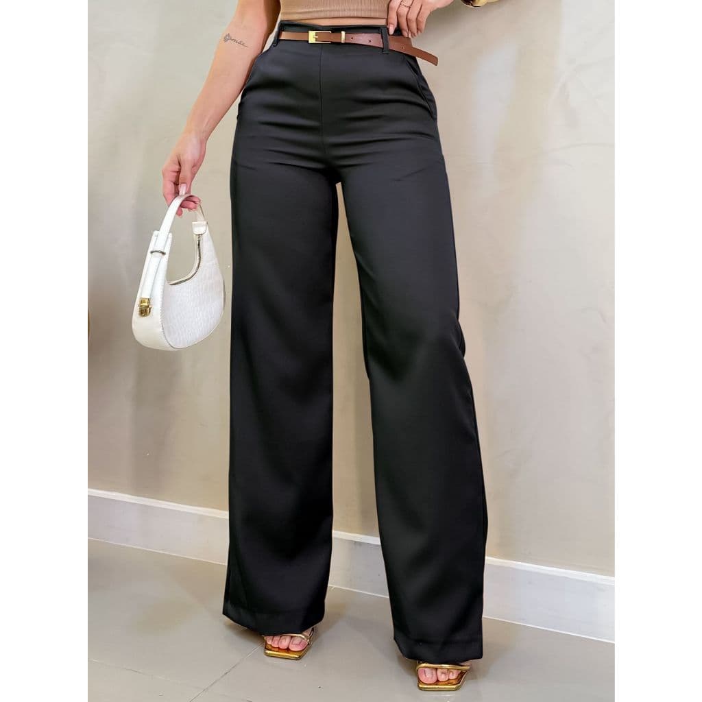EMILI Calça Alfaiataria Pantalona Feminino Com Cinto Fino Courino -S828