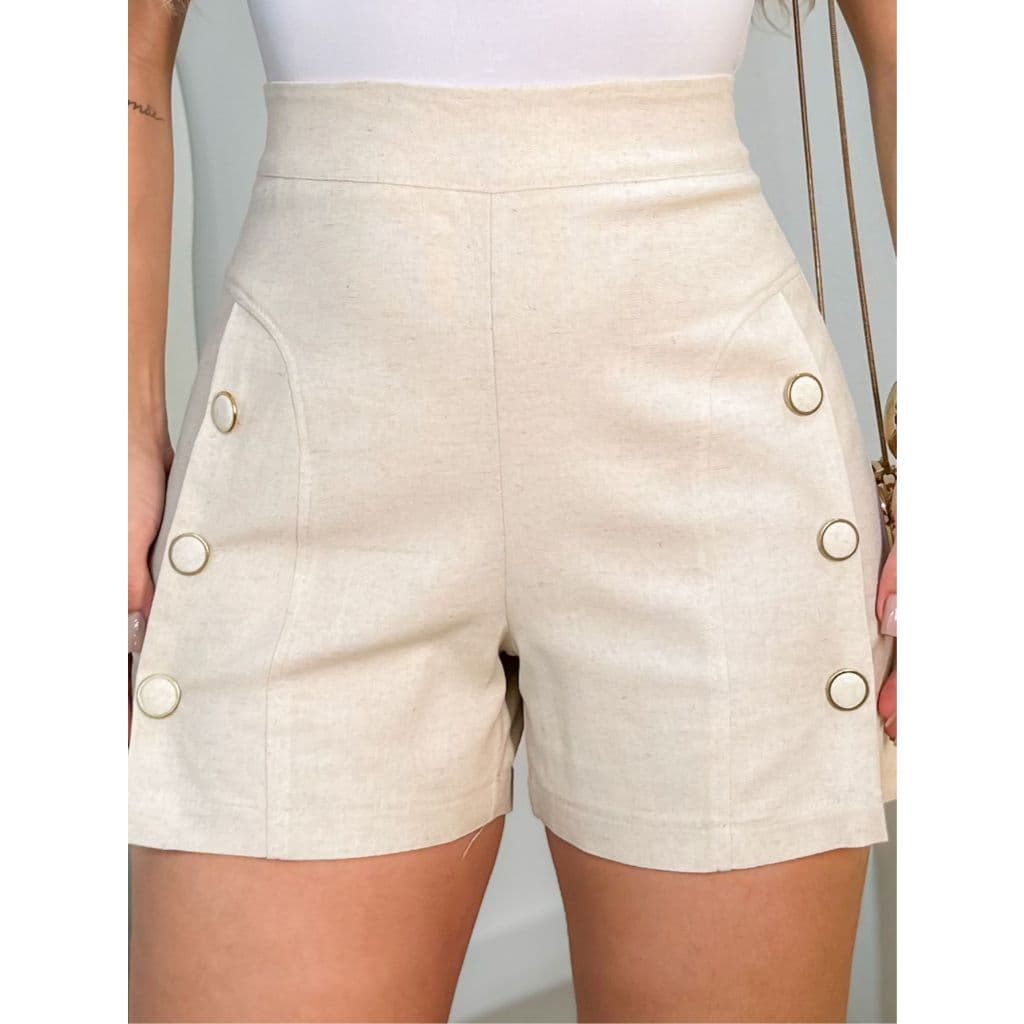 EMILI Short Bermuda Feminina Linho Social Com Detalhes em Botões- S885