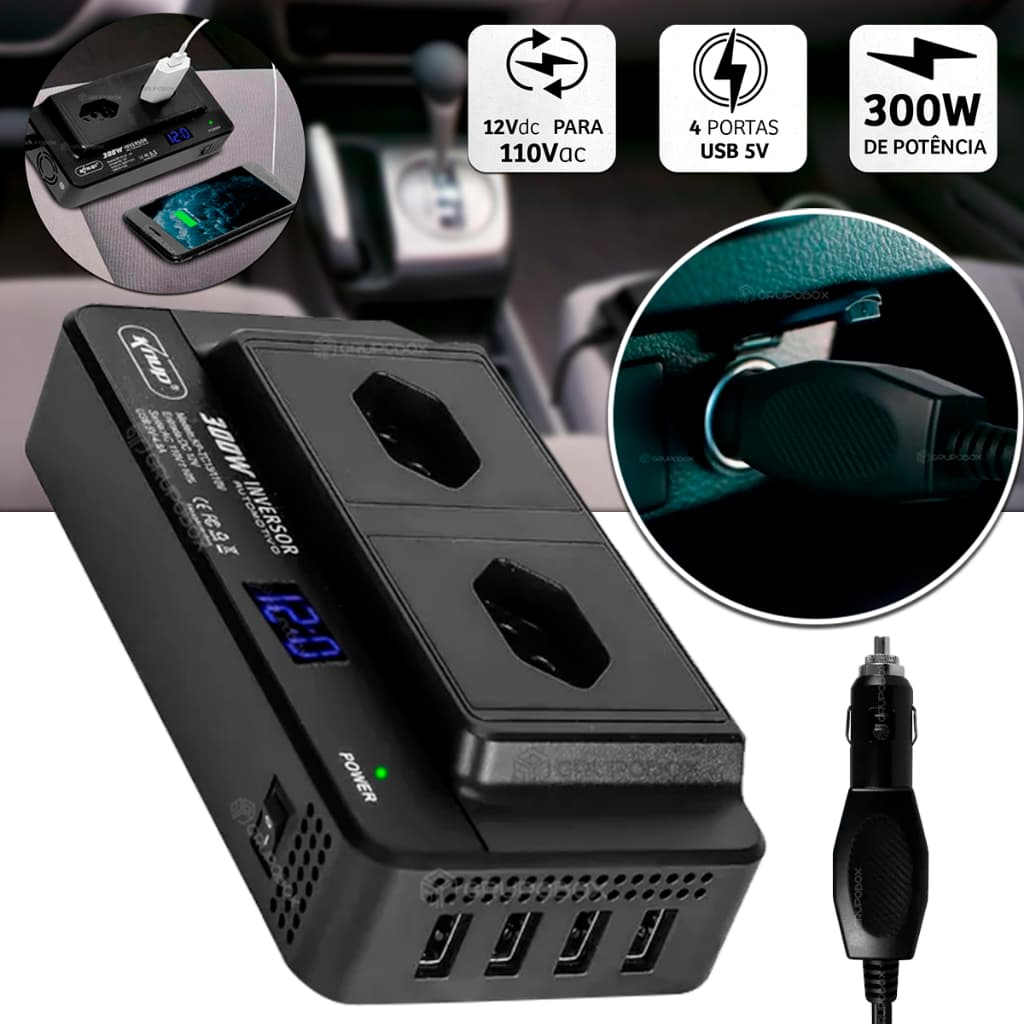 Inversor De Tensão Veicular Automotivo 12v Para 110v 300W Potencia 4 Saidas USB 2 Tomadas Padrão