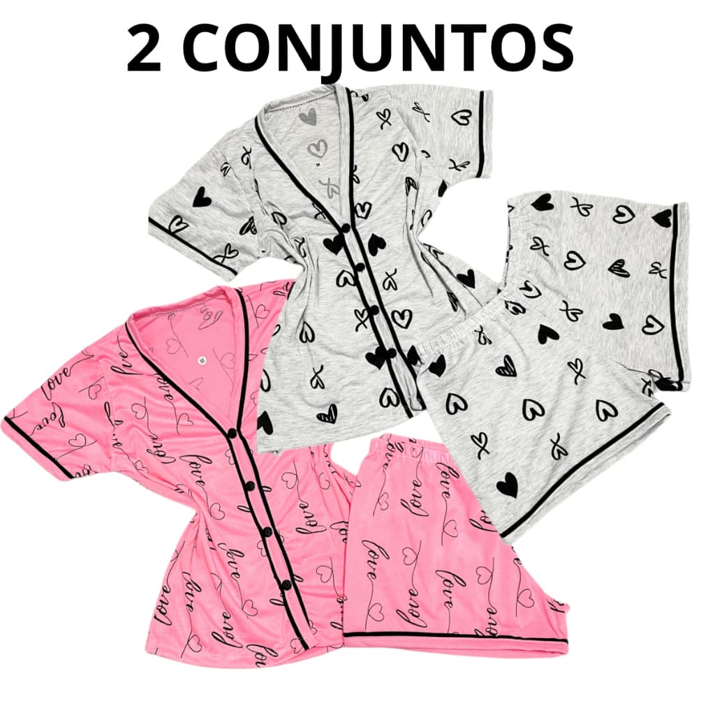 kit 2 Pijamas Feminino Short Doll Gola V Americano Com Botões que abrem Amamentação Blogueira Verão