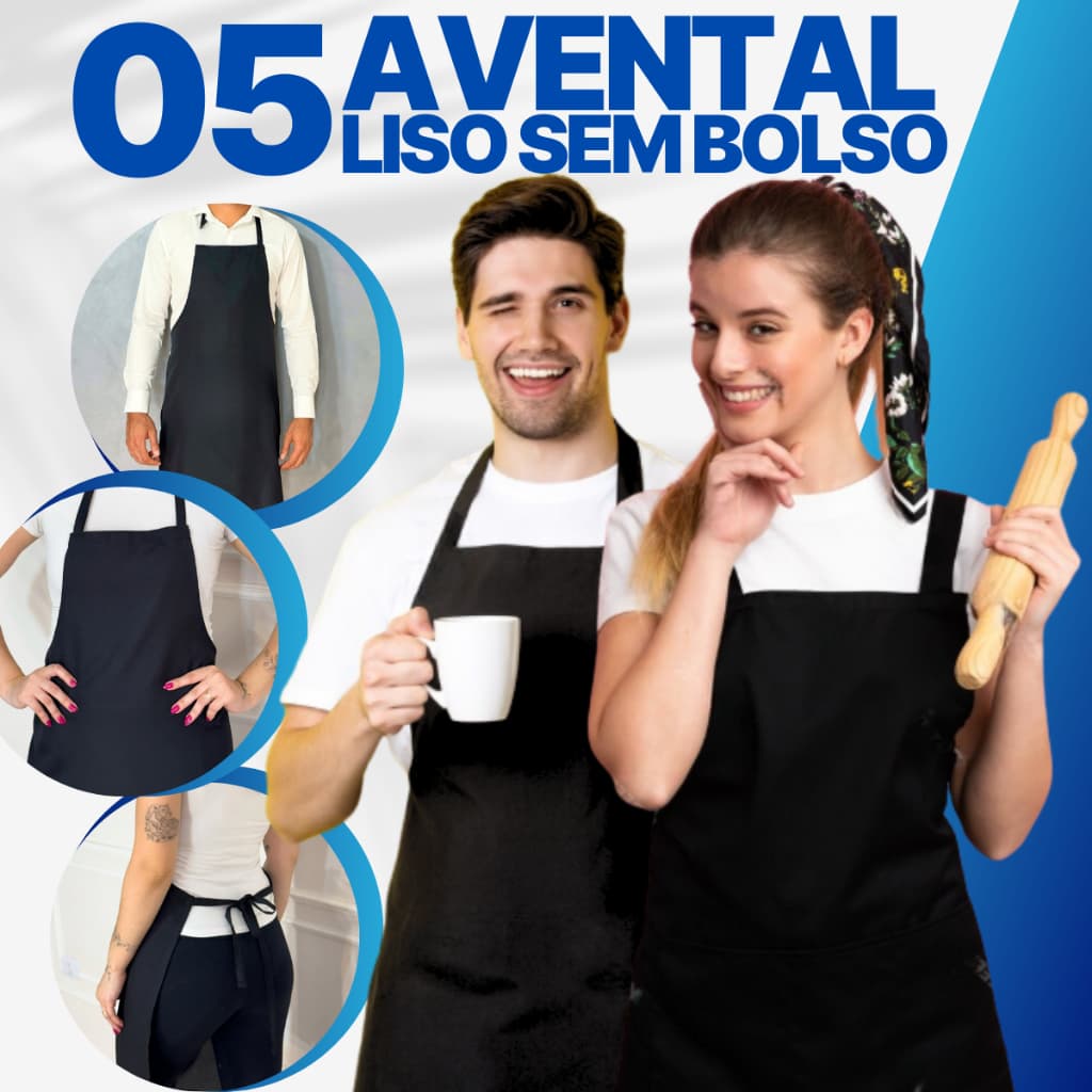 Kit 5 Avental Sem Bolso Liso Corpo Inteiro Oxford Garçom Cozinha