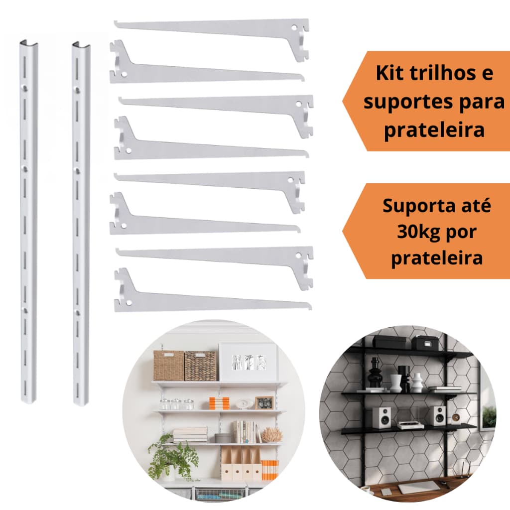 Kit Prateleira Parede 2 Trilhos Cremalheira Simples 1m e 8 Suportes Simples 20, 25, 30, 40cm Estante Ferro