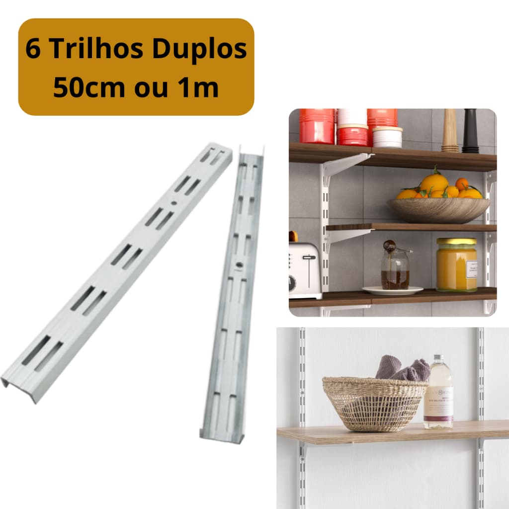 Kit para Prateleira 6 Trilhos Cremalheira Duplo 100cm 50cm Preto Branco