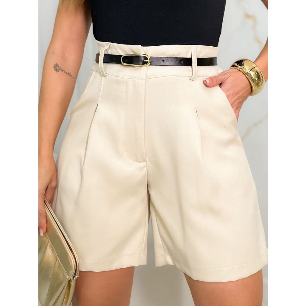EMILI Short Social Feminino Alfaiataria De Perna Larga Plissados Dobráveis Com Cinto-S846